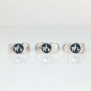 Sample of the different finishes for the Momma Baby Cria Signet Rings in Sterling Silver - wide width   shiny, hammered and fiber textures
