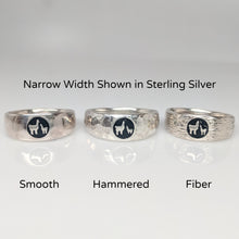Load image into Gallery viewer, Momma Baby Cria  Signet Ring 3 textures shown in narrow width - smooth, hammered and fiber - shown in Sterling Silver