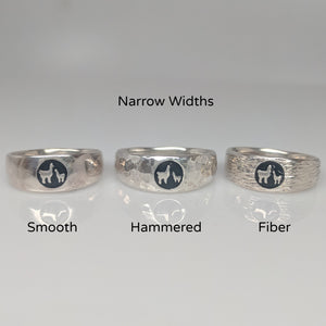 Sample of the different finishes for the Momma Baby Cria Signet Rings in Sterling Silver - narrow width   shiny, hammered and fiber textures