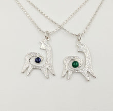 Load image into Gallery viewer, Two Alpaca or Llama Reflection Spiral Pendants - One with an Iolite Cabochon Gemstone and One with an imitation Emerald Cabochon Gemstone - Sterling Silver