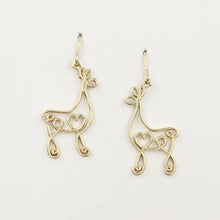 Load image into Gallery viewer, Alpaca or Llama Romantic Ribbon Momma And Baby Cria Earrings on French wires- Looks like a continuous line drawing made onto the shape of an alpaca or llama  Smooth finish 14K Yellow Gold