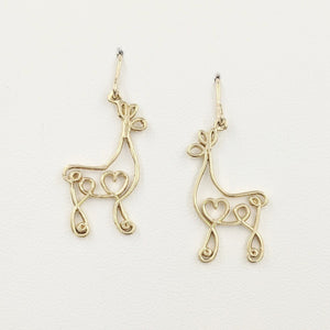 Alpaca or Llama Romantic Ribbon Momma And Baby Cria Earrings on French wires- Looks like a continuous line drawing made onto the shape of an alpaca or llama  Smooth finish 14K Yellow Gold