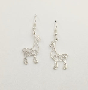 Alpaca or Llama Romantic Ribbon Momma And Baby Cria Earrings on French wires- Looks like a continuous line drawing made onto the shape of an alpaca or llama Hammered finish  Sterling Silver