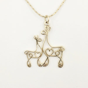 Alpaca or Llama Romantic Ribbon Momma And Baby Cria Pendant - Looks like a continuous line drawing made onto the shape of an alpaca or llama  14K Yellow Gold   