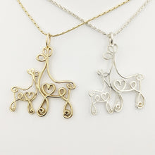 Load image into Gallery viewer, Alpaca or Llama Romantic Ribbon Momma And Baby Cria Pendant - Looks like a continuous line drawing made onto the shape of an alpaca or llama  14K Yellow Gold and Sterling Silver