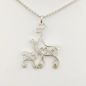 Alpaca or Llama Romantic Ribbon Momma And Baby Cria Pendant - Looks like a continuous line drawing made onto the shape of an alpaca or llama  Sterling Silver