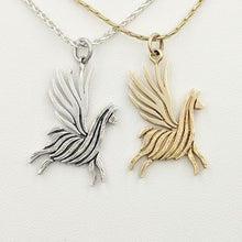 Load image into Gallery viewer, Alpaca or Llama Winged Soaring Spirit Pendant - Sterling Silver and 14K Yellow Gold   Animals fiber finish