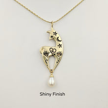 Load image into Gallery viewer,   Alpaca or Llama Spirit Image Pendant - with a White Freshwater Pearl Dangle - 14K Yellow Gold with a shiny finish