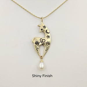   Alpaca or Llama Spirit Image Pendant - with a White Freshwater Pearl Dangle - 14K Yellow Gold with a shiny finish