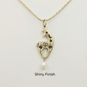   Alpaca or Llama Spirit Image Pendant - with a White Freshwater Pearl Dangle 14K Yellow Gold with a shiny finish