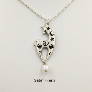 Alpaca or Llama Spirit Image Pendant with a White Freshwater Pearl Dangle Satin finish Sterling Silver