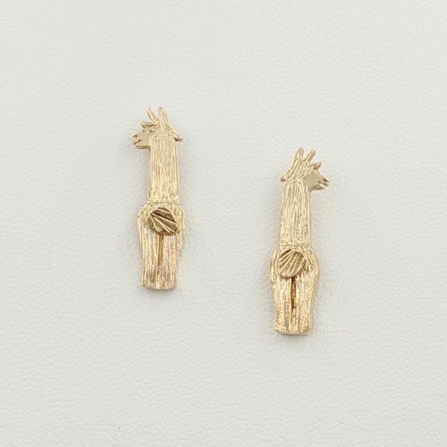 View from behind - Alpaca Suri Swoosh Tush Earrings 14K Yellow Gold on posts