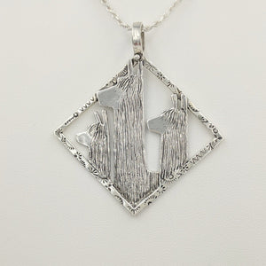 Alpaca Suri Tri-Head Pendant - Diamond shaped decorative stamped rim - Sterling Silver