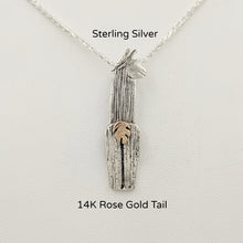 Load image into Gallery viewer, Sterling Silver Alpaca Suri Pendant viewed from the back Sterling Silver Suri with a 14K Rose Gold tail, that actually moves