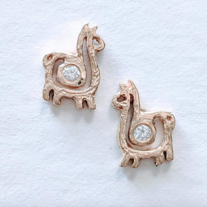 Alpaca or Llama Petite Spiral Earrings with Diamonds  compact 14K Rose Gold on posts