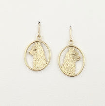 Load image into Gallery viewer, Alpaca Huacaya head silhouette oval dangle earrings - 14K yellow gold with smooth rim 