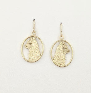 Alpaca Huacaya head silhouette oval dangle earrings - 14K yellow gold with smooth rim 