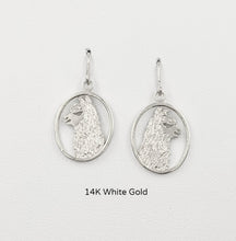 Load image into Gallery viewer, Alpaca Huacaya head silhouette oval dangle earrings - 14K White gold with smooth rim 
