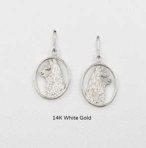 Alpaca Huacaya head silhouette oval dangle earrings - 14K White gold with smooth rim 