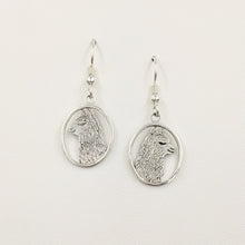 Load image into Gallery viewer, Alpaca Huacaya head silhouette oval dangle earrings - Sterling silver with smooth rim 