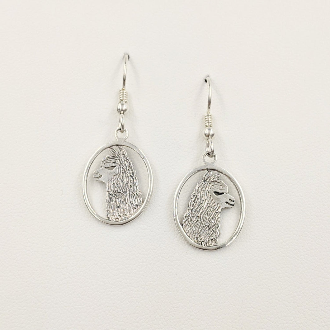 Alpaca Huacaya head silhouette oval dangle earrings - Sterling silver with smooth rim 