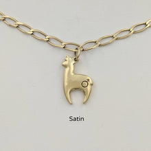 Load image into Gallery viewer, Alpaca Huacaya hand-made 14K yellow gold crescent shaped charm with a gender accent stamp; satin finish