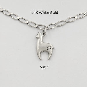 Alpaca Huacaya hand-made 14K white gold crescent shaped charm with gender accent stamp; satin finish