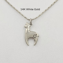 Load image into Gallery viewer, Alpaca Huacaya hand-made 14K white gold crescent shaped pendant with a gender accent stamp; shiny finish