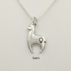Alpaca Huacaya hand-made Sterling silver crescent shaped pendant with a gender accent stamp; satin finish