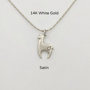 Alpaca Huacaya hand-made 14K white gold crescent shaped pendant with a gender accent stamp; satin finish