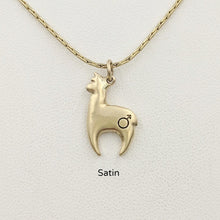 Load image into Gallery viewer, Alpaca Huacaya hand-made 14K yellow gold crescent shaped pendant with a gender accent stamp; satin finish