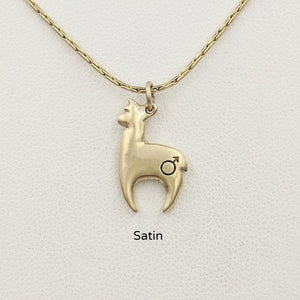 Alpaca Huacaya hand-made 14K yellow gold crescent shaped pendant with a gender accent stamp; satin finish