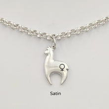 Load image into Gallery viewer, Alpaca Huacaya hand-made Sterling silver crescent shaped charm with a gender accent stamp; satin finish
