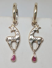 Load image into Gallery viewer, Custom Spirit Image Earrings with Genuine Ruby Teardrop Accent Dangles - 14K Yellow gold on Huggies (Loops)