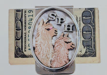 Load image into Gallery viewer, Custom Money Clip - Sterling Silver with 14K Yellow and Rose Gold Alpaca Heads - And Sterling Silver Initials S P H 