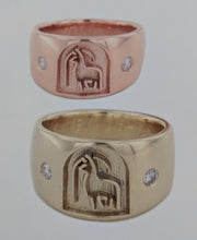 Load image into Gallery viewer, Custom Rings with an Alpaca Ranch Logo - 14K Yellow and 14K Rose Gold  Bands with Diamond Accent