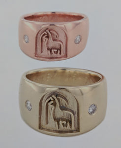 Custom Rings with an Alpaca Ranch Logo - 14K Yellow and 14K Rose Gold  Bands with Diamond Accent