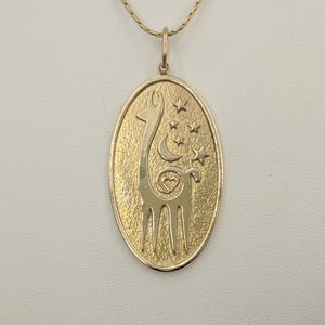 Alpaca or Llama Celestial Oval Pendant 14K Yellow Gold with Smooth and Shiny Rim