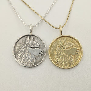 Alpaca Huacaya Head Coin Pendant - 14K Yellow Gold & Sterling Silver