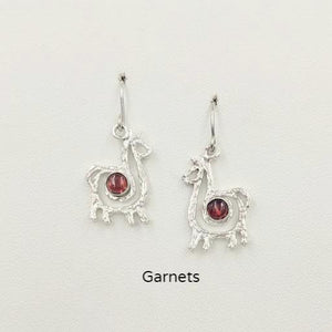 Alpaca or Llama Compact Spiral  Earrings with Garnet Gemstones - Sterling Silver on French Wires