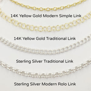 4 Styles of Charm Bracelets - 14K Yellow Gold Modern Simple Link and Traditional Charm Bracelet and Sterling Silver Traditional Charm Bracelet and Modern Rolo Link