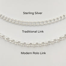 Load image into Gallery viewer, 2 Styles of Charm Bracelets in Sterling Silver Traditional Charm Bracelet and Modern Rolo Link