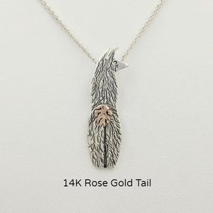 Viewed from behind  Silver Swoosh Tush Llama Pendant - with a 14K Rose Gold tail