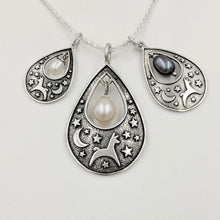 Load image into Gallery viewer, Alpaca or Llama Celestial Spirit Teardrop Pendant with Pearl  3 sizes Sterling Silver with white and raven pearl accent dangles