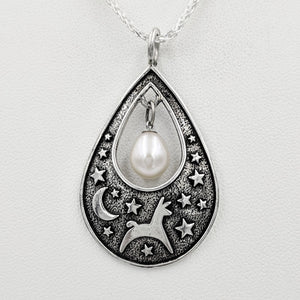 Alpaca or Llama Celestial Spirit Teardrop Pendant with Pearl  Sterling Silver with white freshwater pearl dangle