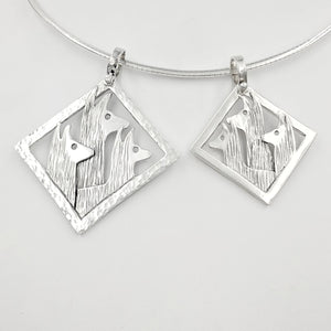 2 sizes ofLlama Tri-Head Pendants -large  Diamond shape with hammered rim - Medium size diamond shape with smooth rim - Sterling Silver