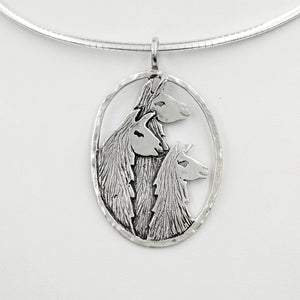 Llama Tri-Head Pendant  Oval with hammered rim - Sterling Silver