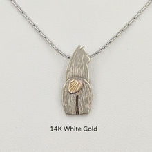 Load image into Gallery viewer, Alpaca Huacaya Swoosh Tush Pendant - View from the back; tail actually moves - 14K White Gold Alpaca with 14K Yellow Gold tail