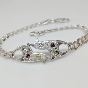 Large Hand Engraved ID Bracelet with Citrene, Rhodalite garnet, and clear CZ's faceted gemstones - Sterling Silver