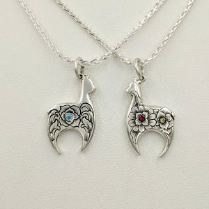  Hand Engraved Huacaya Alpaca Crescent Pendants -one with blue topaz gemstone and one with garnet and peridot gemstones - Sterling Silver
